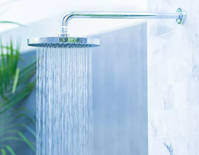 Rain shower head on white tiles