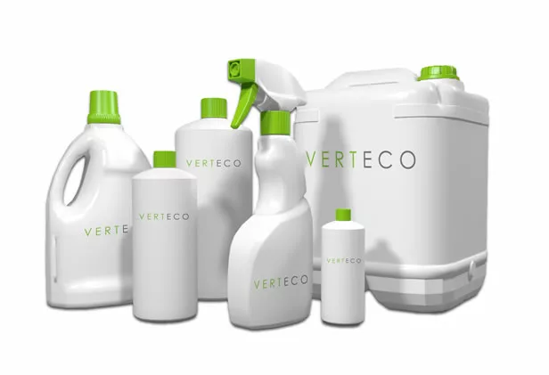 Cleaning product bottles with VERTECO logo