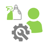 Technician and cleaning icon in green and grey